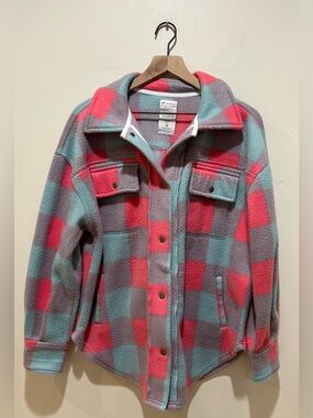 Fornia Pink & Teal Blue Plaid Checker Long Sleeve Shacket (Shirt Jacket) - Small